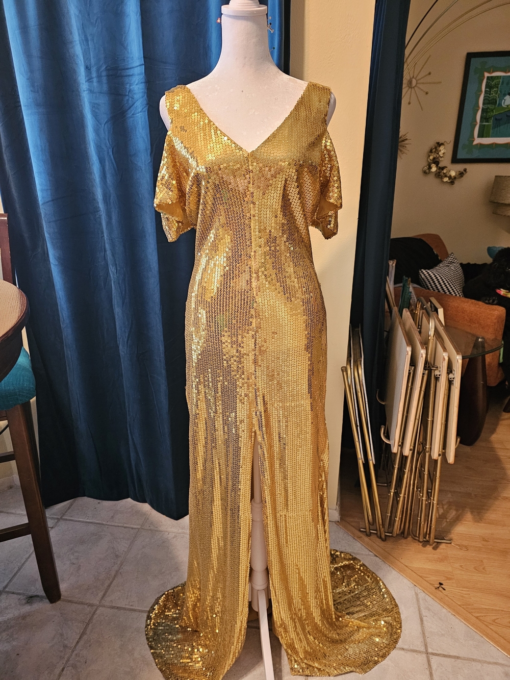 Gold Sequin Cold-Shoulder Evening Dress